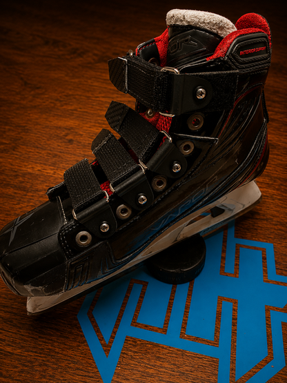 Arch view of a Bauer 1X goalie skate with Halo Hockey Laces 2.0 skate strap system installed
