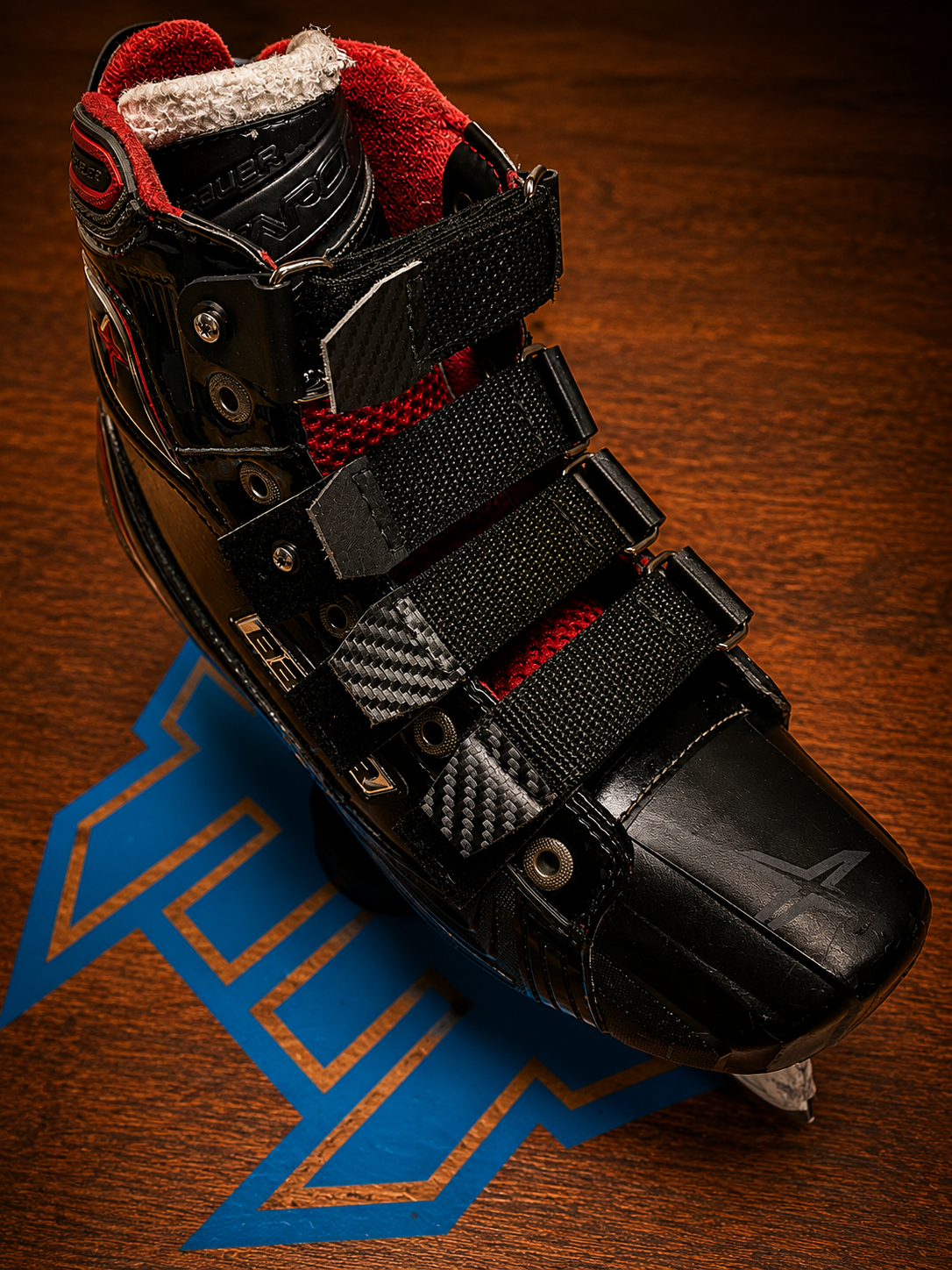 Front side angle of Halo Hockey Laces 2.0 Skate Strap System installed on a Bauer 1x goalie skate 