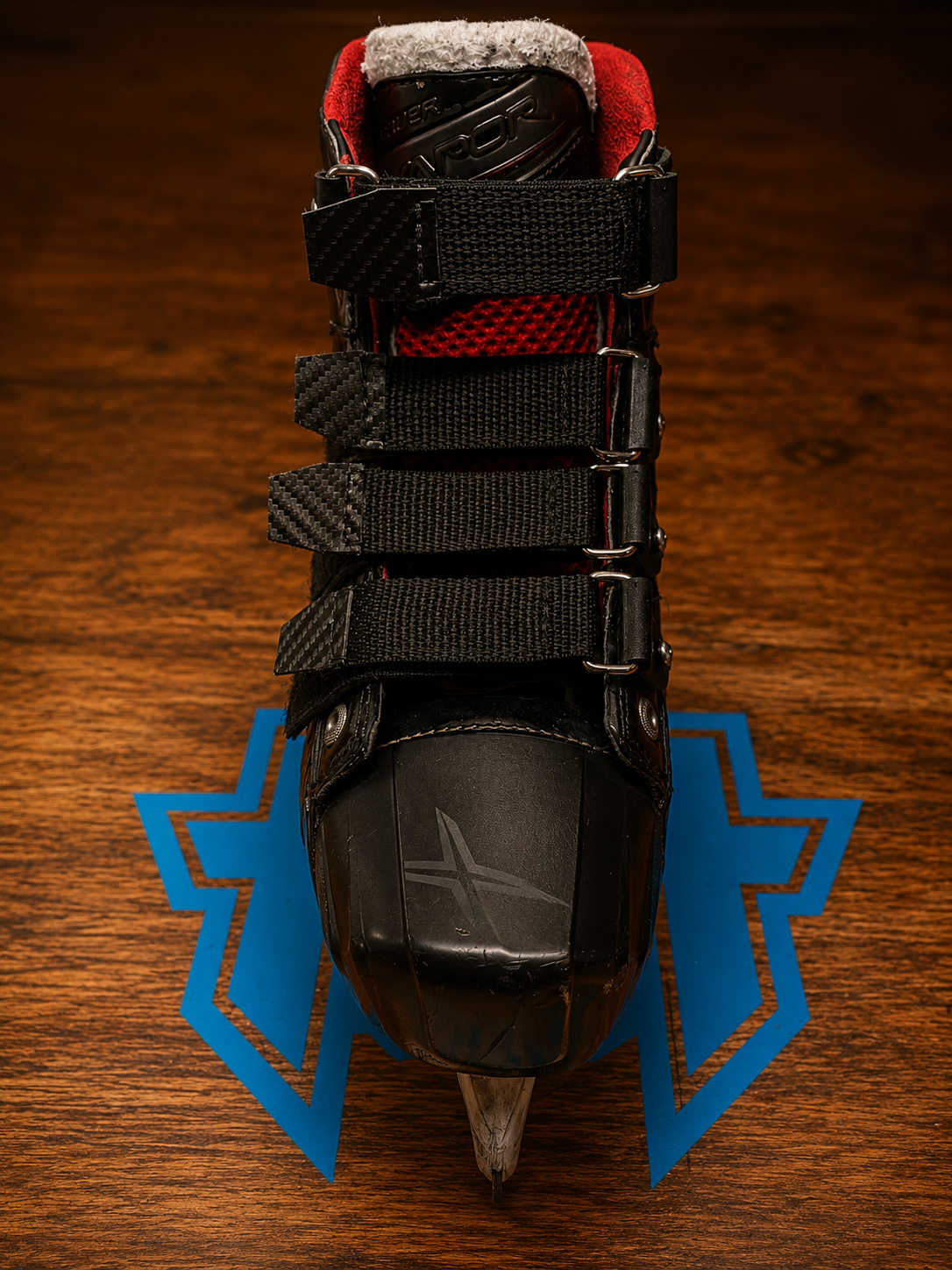 Halo Hockey Laces 2.0 skate strap system installed on a Bauer 1X skate front angle