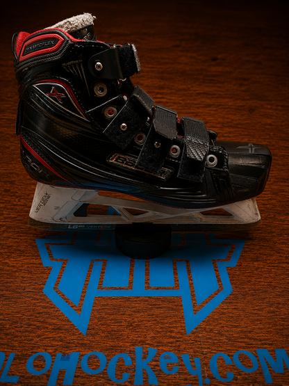 Side view of Halo Hockey Laces 2.0 skate strap system installed on a Bauer 1X goalie skate