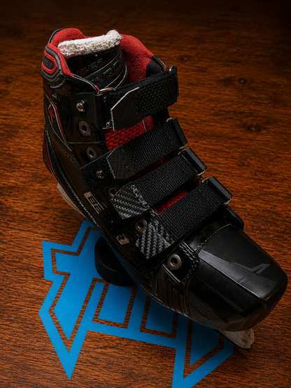 Toe cap view of a Bauer 1X goalie skate with Halo Hockey Laces2.0 skate strap system installed