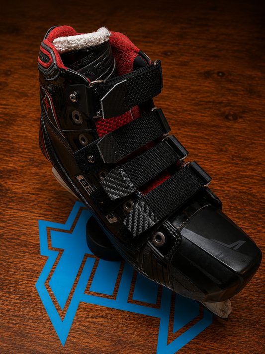 Toe cap view of a Bauer 1X goalie skate with Halo Hockey Laces2.0 skate strap system installed