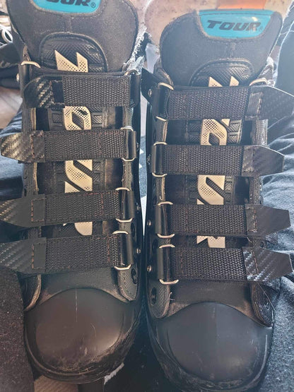 Halo Hockey Laces 2.0 skate strap system installed on Tour inline goalie skates