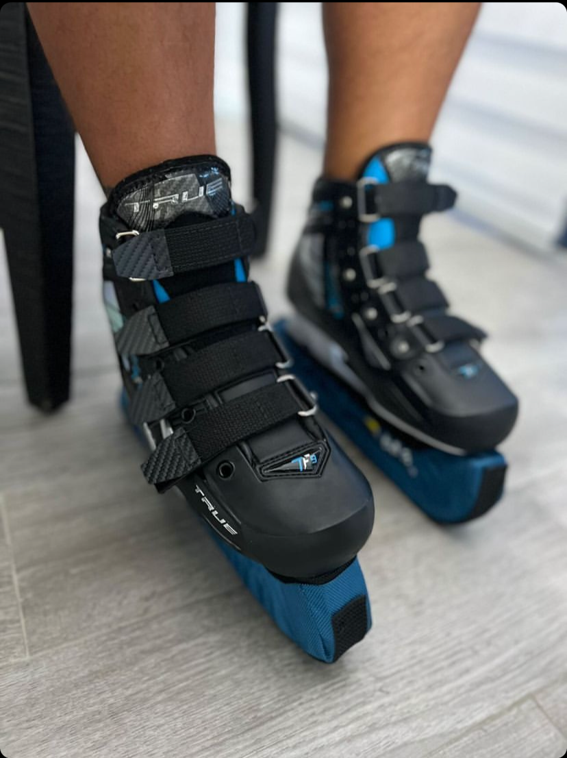 Halo Hockey Laces 2.0 skate strap system installed on True TF goalie skates 