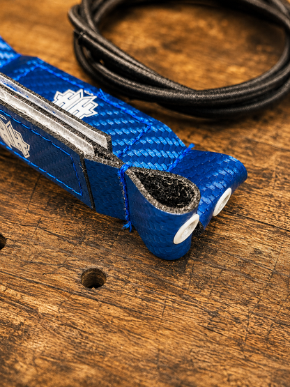 Closeup detail of the reinforcement eyelet and sandwich lock design on blue Halo Hockey Posi-Lock goalie toe ties