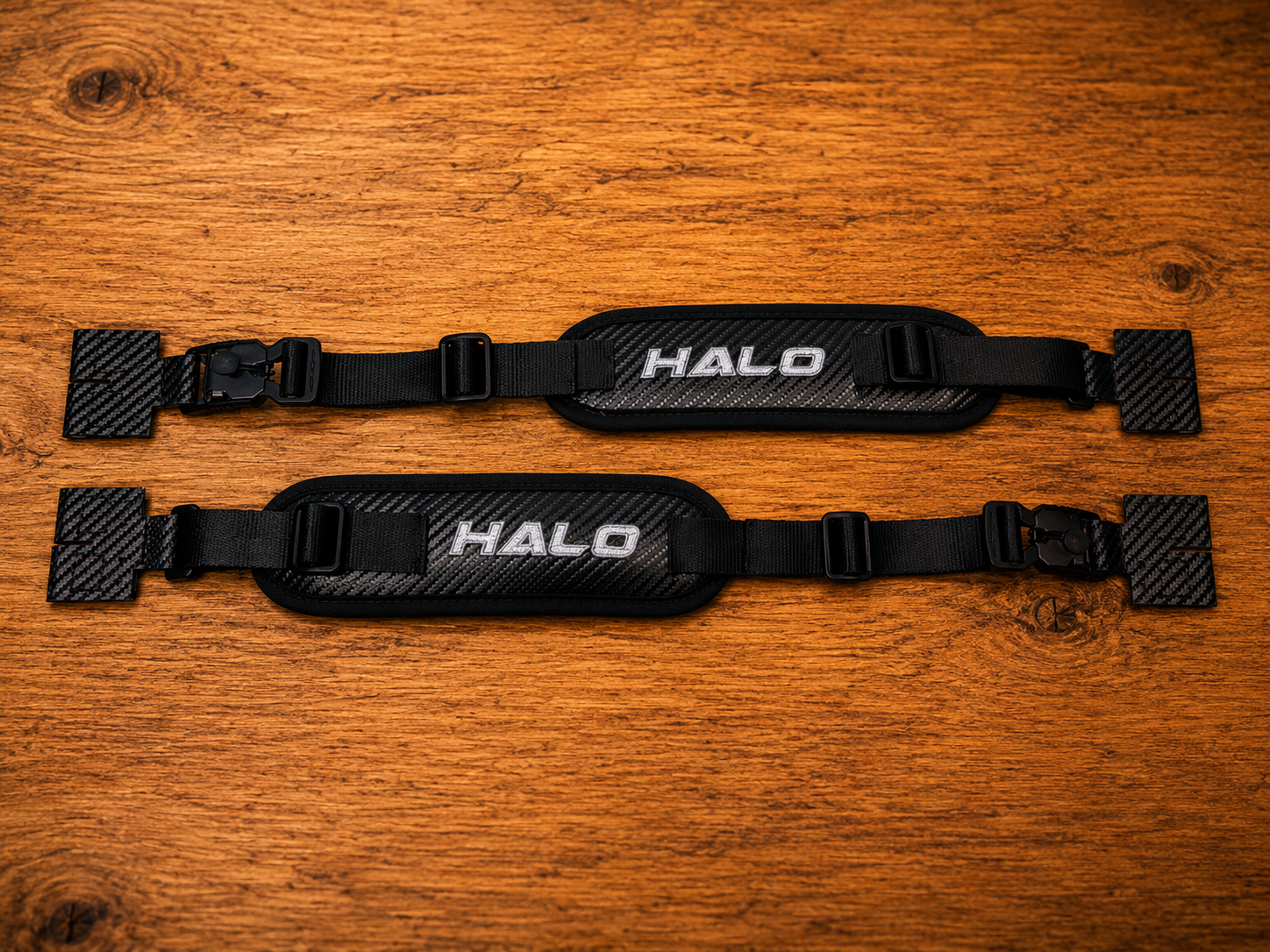 Overview of black Halo Hockey Rotation Doctor goalie pad straps with magnetic buckle closure