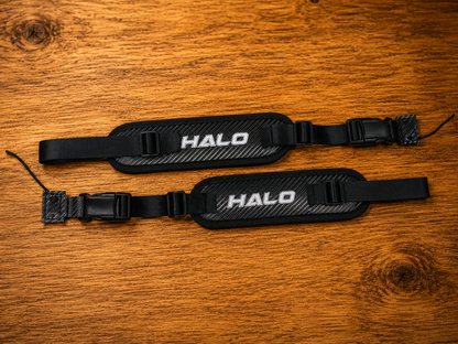 Overview shot of black Halo Hockey Rotation Doctor goalie pad straps with tab lacing attachments