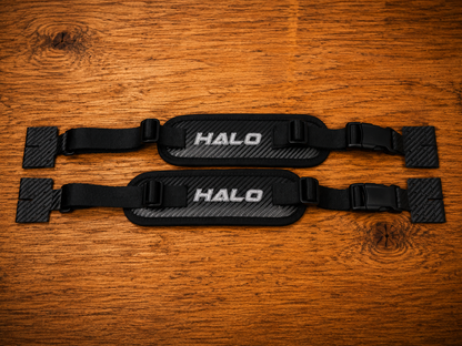 Overview of black Halo Hockey Rotation Doctor goalie pad straps