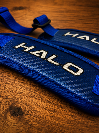 Closeup of blue Halo Hockey Rotation Doctor goalie pad straps