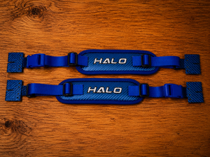 Front side overview of blue Halo Hockey Rotation Doctor goalie pad straps