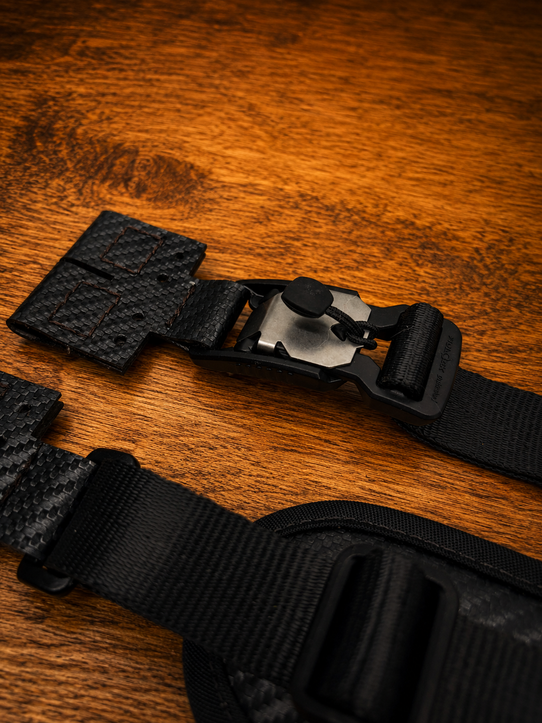 Magnetic buckle option on Halo Hockey Rotation Doctor goalie pad straps shown attached