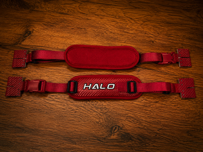 Top view of the front and back of red Halo Hockey Rotation Doctor goalie pad straps
