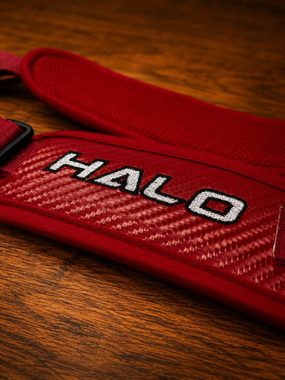 Front and back closeup of red Halo Hockey rotation doctor goalie pad straps