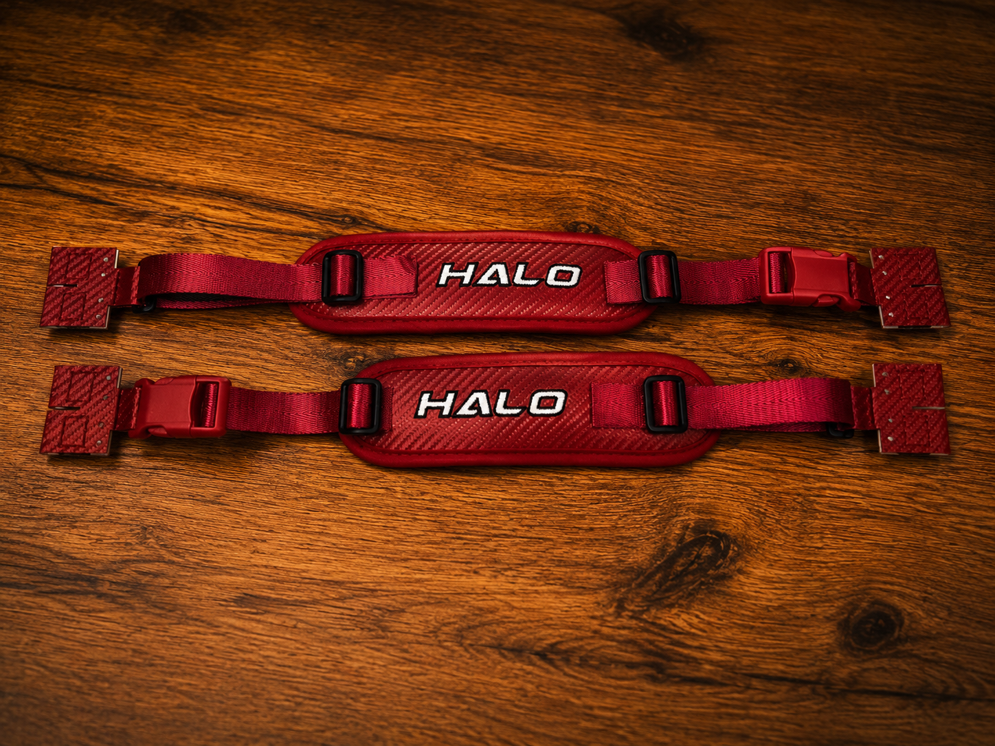 Front overview angle of red Halo Hockey Rotation Doctor goalie pad straps