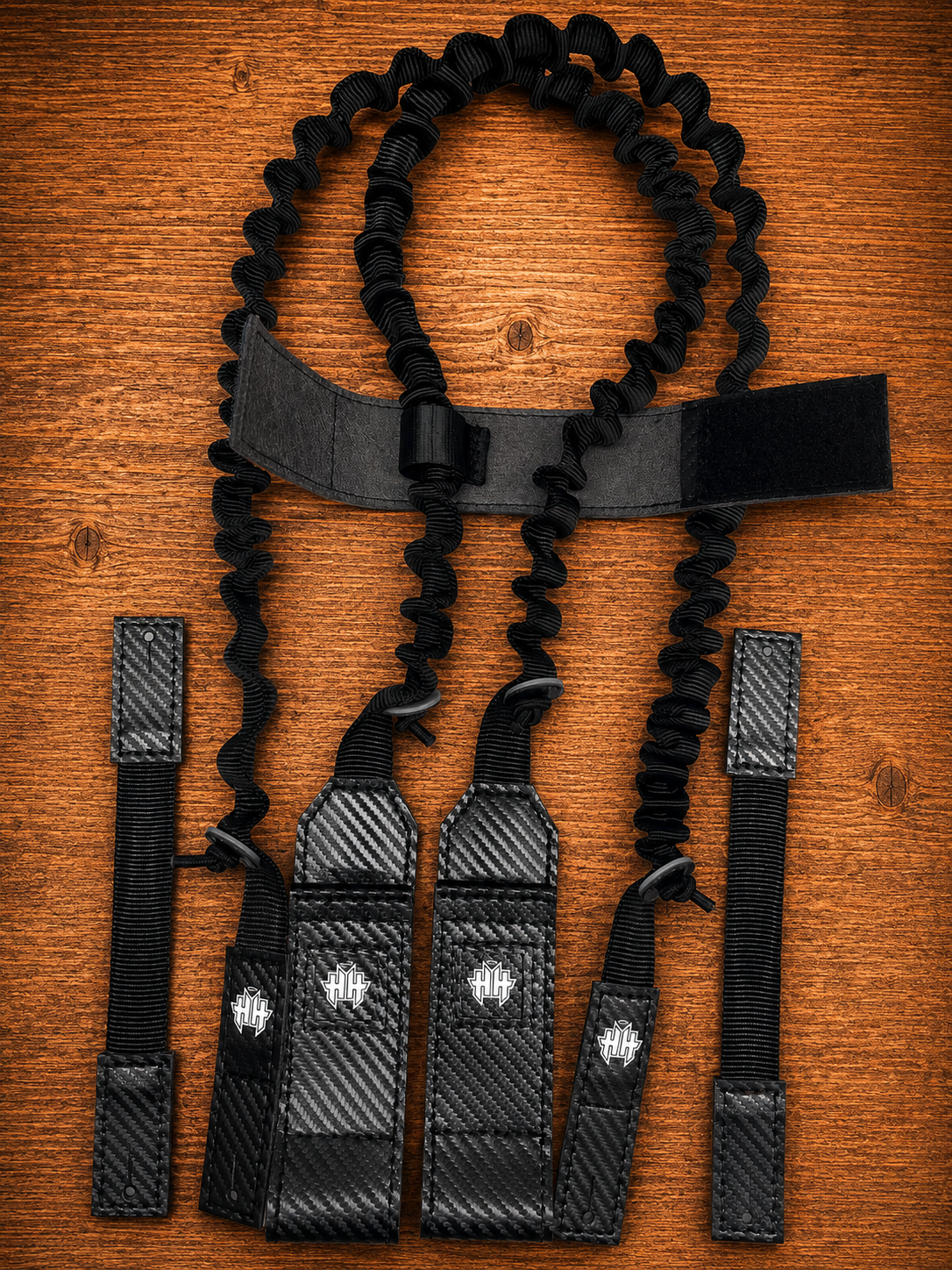 Top kit overview of Halo Hockey Suspenders 2.0 goalie bungee suspenders showing detail of the center strap option