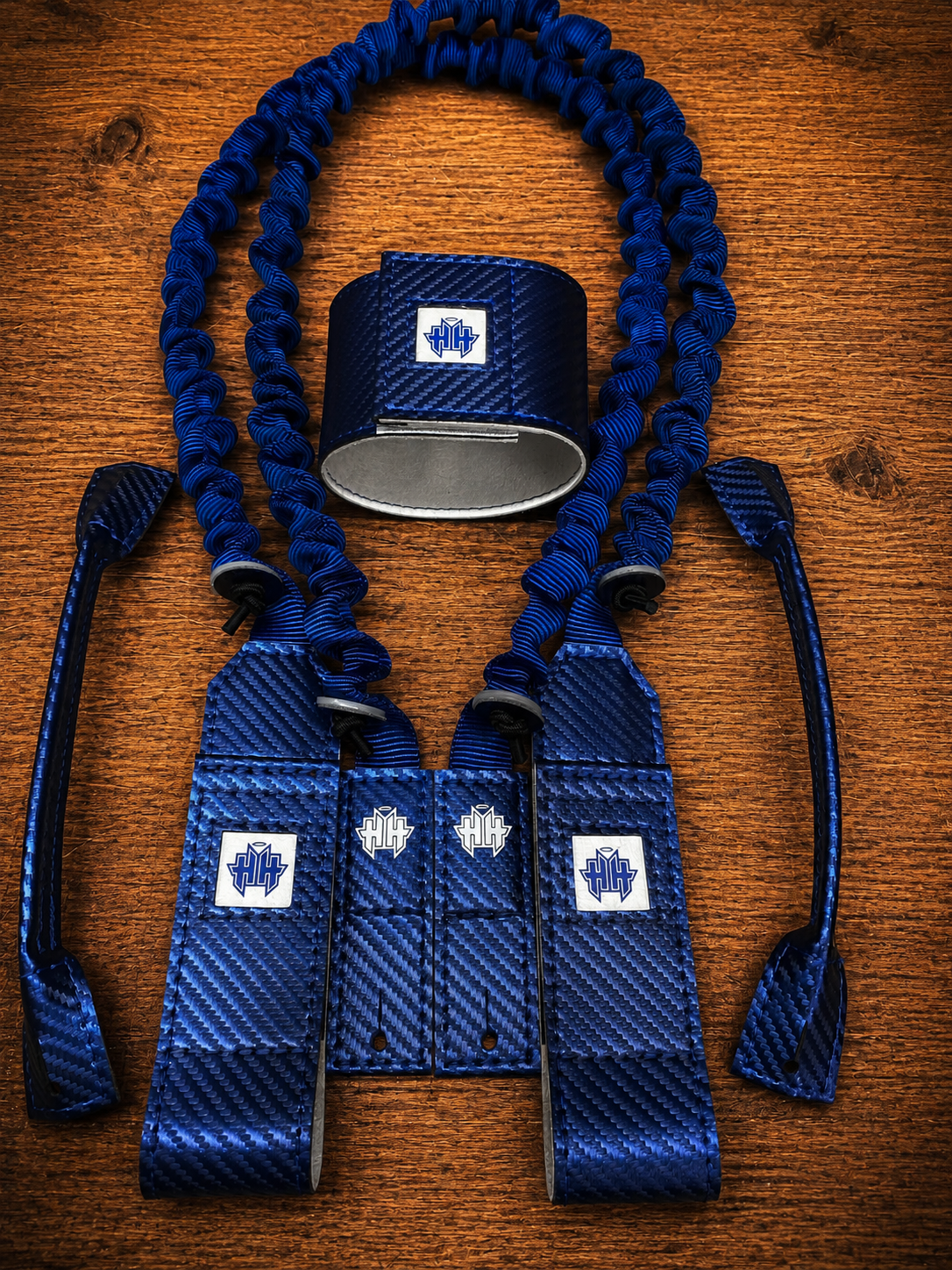 Top kit overview of Halo Hockey Suspenders 2.0 goalie bungee suspenders shown with center strap attachment