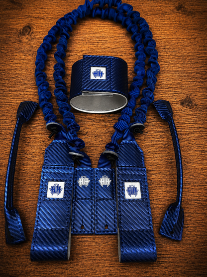 Top kit overview of Halo Hockey Suspenders 2.0 goalie bungee suspenders shown with center strap attachment