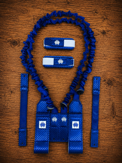 Overview shot of blue Halo Hockey Suspenders 2.0 goalie bungee suspenders shown with shoulder floater attachment option